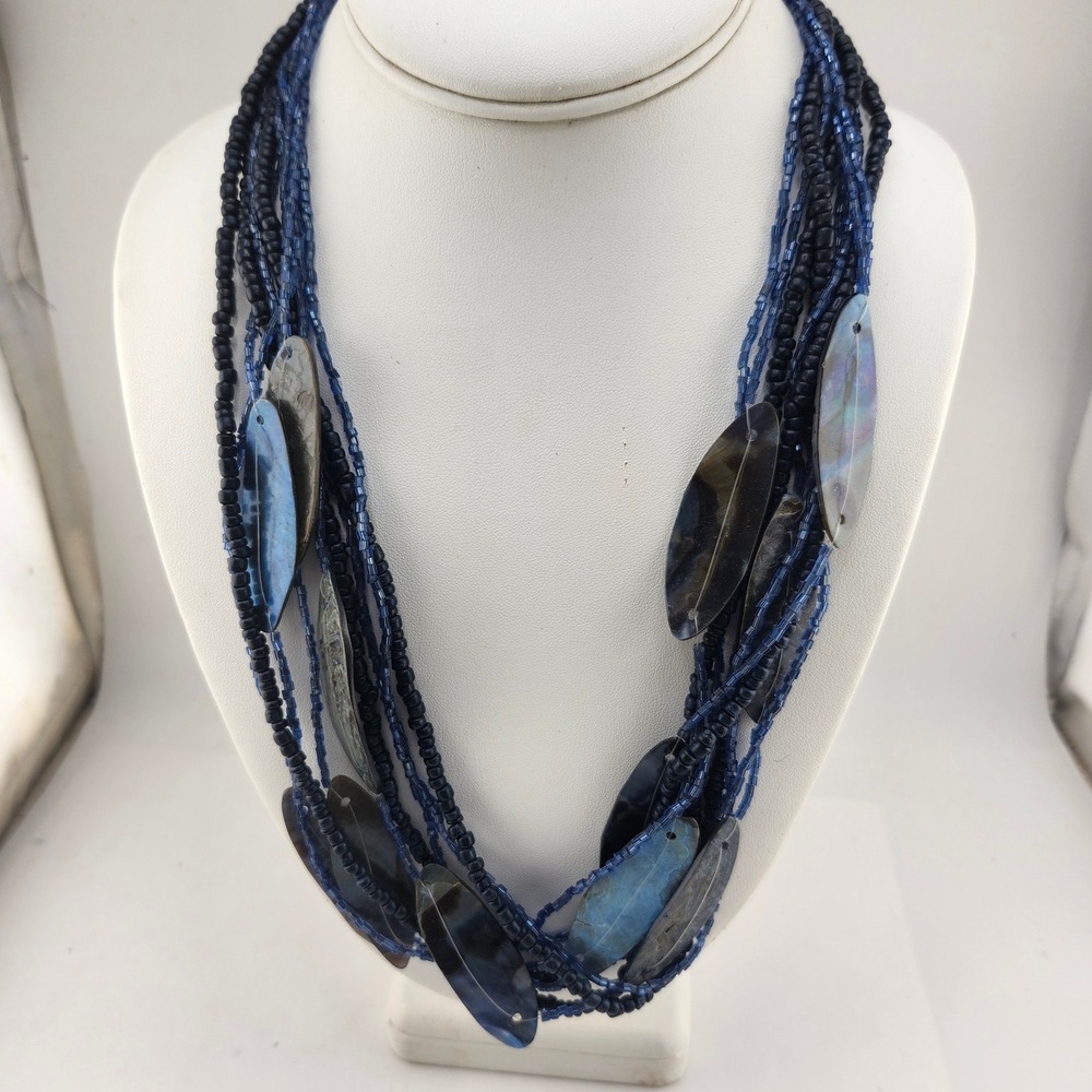 Boho Beaded Leaf Statement Necklace Blue Multi Strand Choker